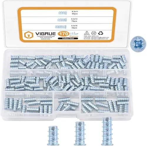 Produktbild: VIGRUE 170 Stück Euroschrauben mit Senkkopf für Möbelschrauben, Kreuzschlitz Schrauben 6,3x11mm, 6,3x13mm, 6,3x16mm, Stahl Verzinkt, für Möbel Scharniere, Schubladenführungen, Vollgewinde Bohrung 5mm