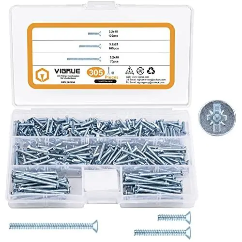 Produktbild: VIGRUE 305 Stück Geräteschrauben für Schalterdosen, Dosenschrauben 3,2x15mm, 3,2x25mm, 3,2x40mm, Steckdosen Schrauben aus Stahl Verzinkt mit PZ1/Schlitz