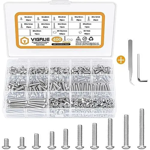 Produktbild: VIGRUE 400PCS Schrauben und Muttern Set, Edelstahl 304 Metrische Schraubenset, M4 Innensechskant Gewindeschrauben set, Maschinenschrauben Schrauben sortiment