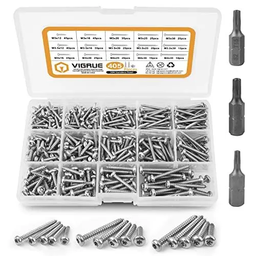 Produktbild: VIGRUE 405 Stück Schrauben Set Rundkopf M3 M3.5 M4, TX Holzbauschrauben aus Edelstahl A2, Blechschrauben Linsenkopf Mit 3 Stück Bits in Soblechschrauben linsenkopfrtimentskasten