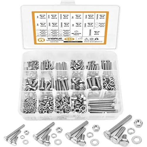 Produktbild: VIGRUE 535 Stück M3 M4 M5 M6 Sechskantschrauben Edelstahl A2 Schrauben Set mit Muttern Unterlegscheiben DIN933 Bolzen Vollgewindeschrauben Maschinenschrauben Gewindeschrauben zur Reparatur