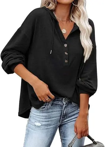 Produktbild: VIGVAN Kapuzenpullover Damen Hoodie Langarm V-Ausschnitt Pullover Knopfleiste Henley Sweatshirt mit Kapuze Kordelzug Oberteil (Schwarz,L)