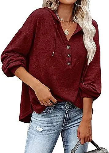 Produktbild: VIGVAN Kapuzenpullover Damen Hoodie Langarm V-Ausschnitt Pullover Knopfleiste Henley Sweatshirt mit Kapuze Kordelzug Oberteil (Wein Rot,XL)