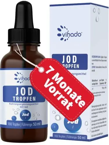 Produktbild: Vihado Jod Tropfen hochdosiert, 7 Monate Sparpaket, Schilddrüsen-Formel, vegan, schneller als Jod Tabletten, 50 ml, 1100 Tropfen