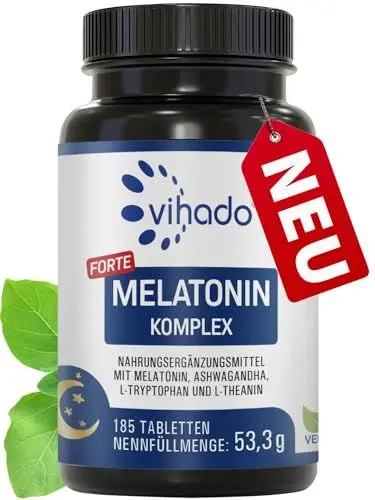Produktbild: Vihado Melatonin Tabletten hochdosiert - 370 Nächte FORTE Komplex vegan - Rein ohne Zusätze - Plus L-Theanin, L-Tryptophan, Ashwagandha, 185 Tabletten,Melatonin,1