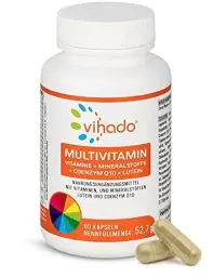 Produktbild: Vihado Multivitamin – Vitamine A-Z und Multimineral-Komplex – 26 Vitamine und Mineralstoffe hochdosiert – Nahrungsergänzungsmittel mit Q10, Zink und Tagetes Erecta – 1 Kapsel/Tag, 60 Kapseln