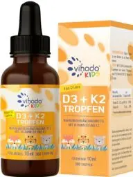 Produktbild: Vihado Vitamin D3 + K2 für Kinder von 4-12 Jahre, sicherer Markenrohstoff, vegan, 300 Tage, 12,5 μg 500 i.E Vitamin D aus Flechten + Vitamin K, Vitamin D Kinder Vitamine, 10 ml (300 Tropfen)