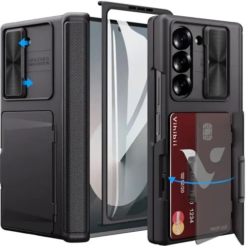 Produktbild: Vihibii für Samsung Galaxy Z Fold 6 Hülle mit Kartenhalter & Kameraschutz & Scharnier Schutz & Displayschutzfolie, Stoßfeste Schutzhülle Robuste Case Cover Handyhülle für Samsung Z Fold 6, Schwarz