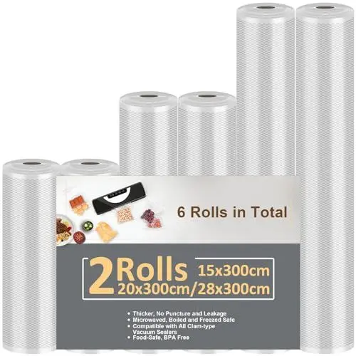 Produktbild: Vihoom Vakuumierbeutel 6 Rollen Vakuumierfolie 15/20/28x300cm(18m), Profi-Folienrollen Vakuumierer Lebensmittel BPA-frei, stark & reißfest, für alle Vakuumierer & Sous Vide