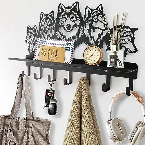 Produktbild: Viiluuxr Garderobenhaken Schwarz Wandgarderobe SchlüSselbrett Mit Ablage Garderobe Kinder Kleiderhaken Wand TüRhaken Flurgarderobe 15 Zoll Mit 7 Haken Platzsparendes Mehrzweckhaken. (WOF-N02)