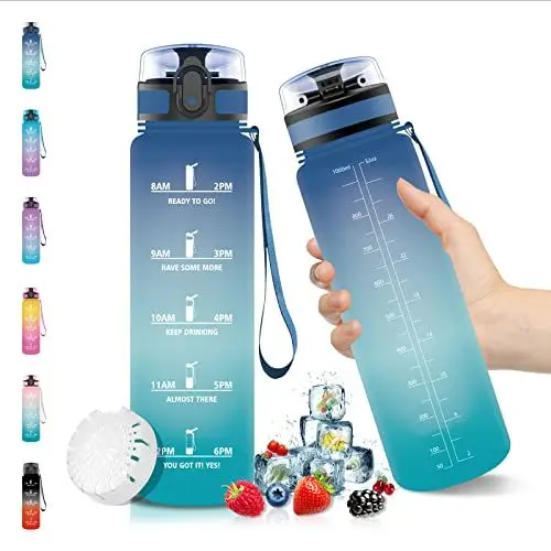 Produktbild: Vikaster Wasserflasche, 1 Liter Sportwasserflasche, BPA-frei, auslaufsicher und wiederverwendbar, mit einem Klick zu öffnende Wasserflasche, geeignet für Fitnessstudio, Yoga, Camping, Wandern