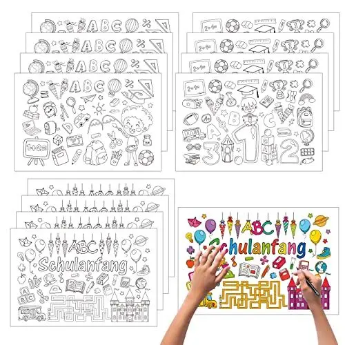 Produktbild: VIKILON 21 Blatt Einschulung Tischset aus Papier,Schulanfang Platzset zum Ausmalen Geschenke Schultüte Füllung Platzdeckchen Kinder Schuleinführung Tischdeko für Schulkind Platzset Tischset malen