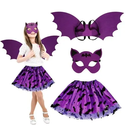 Produktbild: VIKILON 3Tlg. Fledermaus Kostüm Kinder, Fledermauskostüm Mädchen, Fledermaus Flügel Kostüm, Fledermauskostüm Vampir mit Fledermausflügel Tutu für Karneval Fasching Cosplay Party Maskerade Halloween