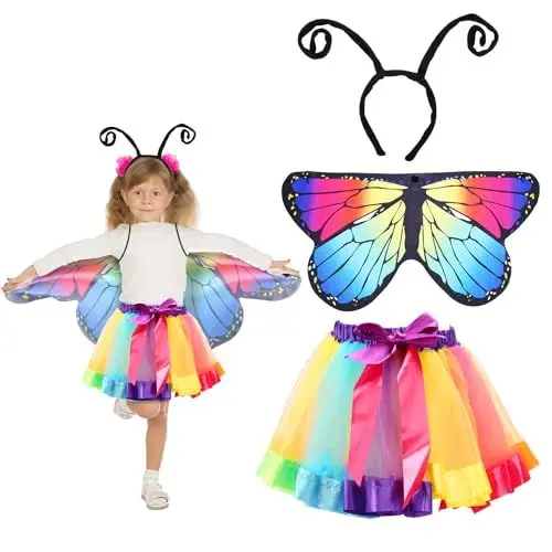 Produktbild: VIKILON 3tlg Schmetterling Kostüm Mädchen Schmetterlingsflügel Kinder Schmetterling Umhang Schmetterling Kinderkostüm mit Tutu Rock Haarreif für Mädchen Karneval Fasching Cosplay Party