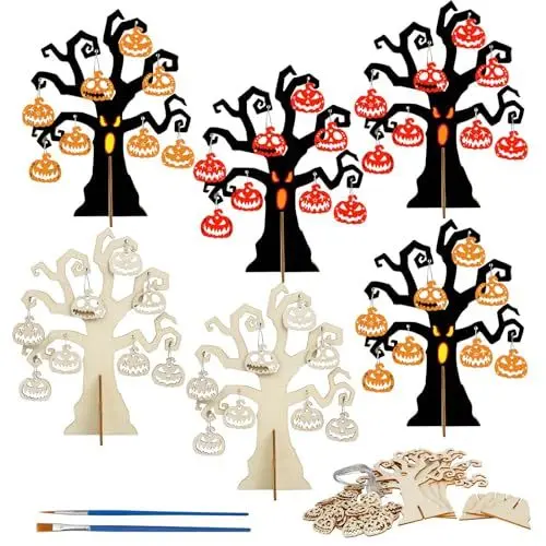 Produktbild: VIKILON 6STK Halloween Baum Kinder Halloween Holz Baum Besteln 3D Bastelbaum Set zum Bemalen Skelett Kürbiskopf zum Aufhängen mit 2 Pinsel Halloweengeschenke für Halloween Party Mitgebsel Deko Kinder