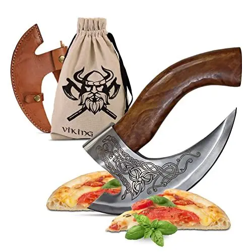 Produktbild: VIKING CRAFT - Pizza Axt Wikinger inkl. Lederschutz - Pizzamesser für echte Wikinger - Pizzaschneider Axt perfekt geeignet als Wikinger Deko - Wikinger Axt, Pizza Wiegemesser, Wikinger Messer, Beil