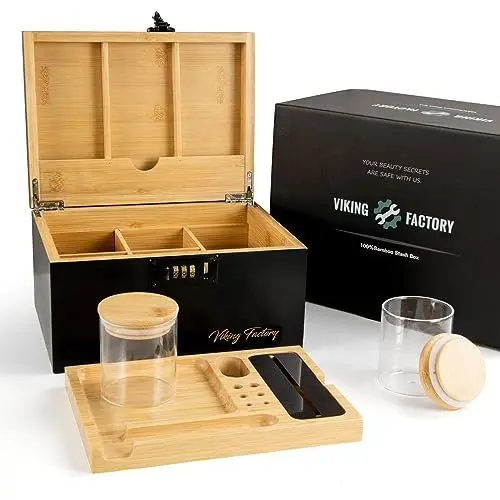 Produktbild: Viking Factory Großer Bambus-Kasten mit Kombinationsschloss, dekorativer Heimkasten mit Verriegelung, Tablett | Glasbehälter | Zubehörwerkzeug(24 * 18 * 14CM Schwarz)