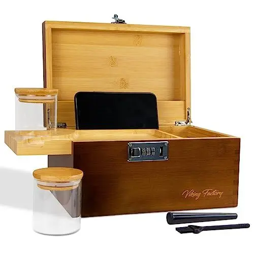 Produktbild: Viking Factory Bambus-Aufbewahrungsbox-Set mit Zahlenschloss – Premium Abnehmbares Tablett und Zubehör – Robustes Design mit mehreren Fächern für geschützte Aufbewahrung, Braun (27×18×15 cm)