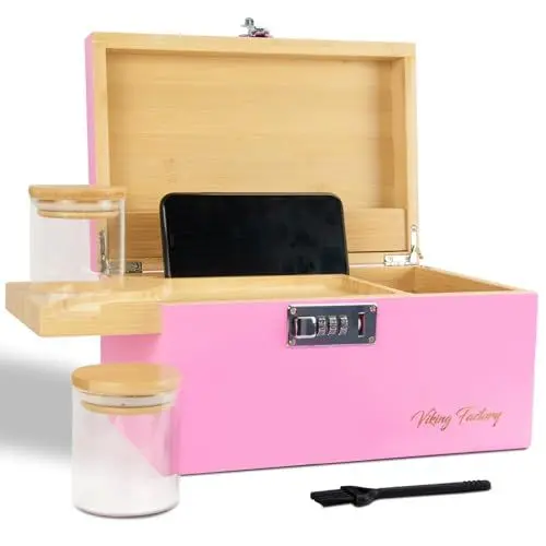 Produktbild: Viking Factory Aufbewahrungsbox aus Bambus mit Zahlenschloss | Premium Box mit abnehmbarem Tablett & Zubehör | Ideal für sichere Aufbewahrung und als Geschenk (27x18x15 cm)