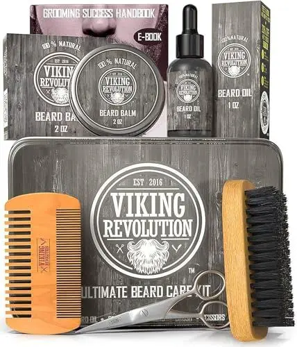 Produktbild: Viking Revolution Bartpflegeset für Männer - Ultimatives mit 100% Wildschweinborsten Bartbürste, Bartkamm aus Holz, Bart Balsam, Bartöl, Schnurrbart- & Bartschere - Geschenke Für Männer