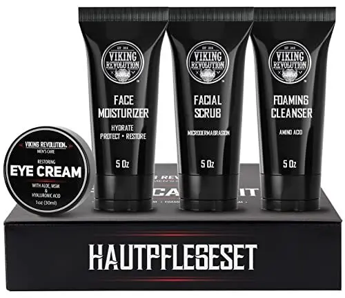Produktbild: Viking Revolution - Gesichtspflege Männer - (142 g je) Verjüngende Feuchtigkeitscreme, Mikrodermabrasion-Gesichtspeeling, Schaumreiniger, Eye Cream (29 g) - Herren Geschenke