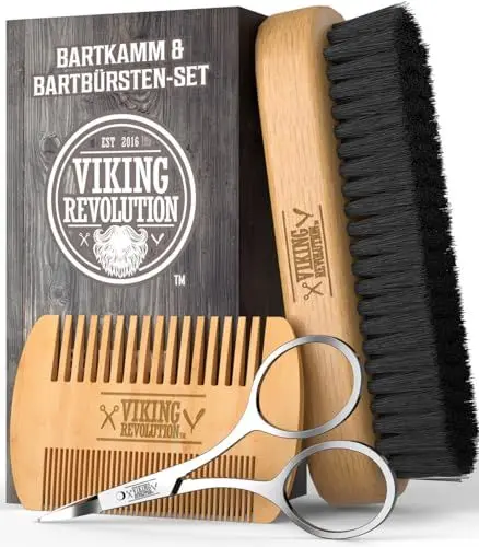 Produktbild: Viking Revolution - Bartkamm & Bartbürste Set Für Männer - Natürliche Bart bürste Wildschweinborsten & Dual-action-birnenholzkamm Mit Samt-reiseetui - Geschenke Für Männer