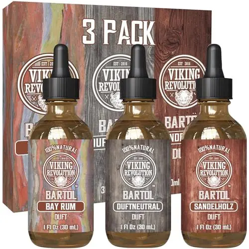 Produktbild: Viking Revolution - Bartöl - Macht Weich, Schützt und Stärkt - Aus Ganz Natürlichen Bay Rum, Unparfümiert & Sandelholz - Bartöl Herren - Geschenke Für Männer - Set 3 x 30 ml