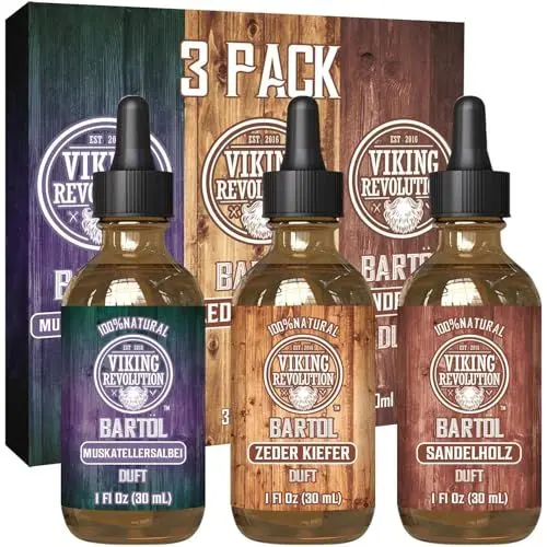 Produktbild: Viking Revolution - Bartöl - Macht Weich, Schützt und Stärkt - Aus Ganz Natürlichen Sandelholz, Kiefer, Zeder Und Muskatellersalbei - Bartöl Herren - Geschenke Für Männer - Set 3 x 30 ml
