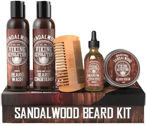 Produktbild: Viking Revolution - Bartpflege Set Für Männer - Conditioner Männer Set Glättet & Lindert Juckreiz am Bart - Enthält Bartshampoo, Spülung, Bartöl, Bart Balsam & Bartkamm Geschenke Für Männer Sandelholz