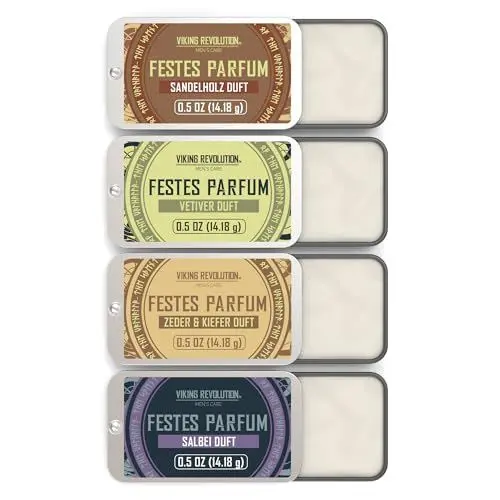 Produktbild: Viking Revolution - Kolonya - Festes Parfüm für Männer - Parfum Herren mit Zedernholz, Muskatellersalbei, Vetiver, Sandelholz - Geschenke für Männer - 4er-Pack - 4 x 14 g