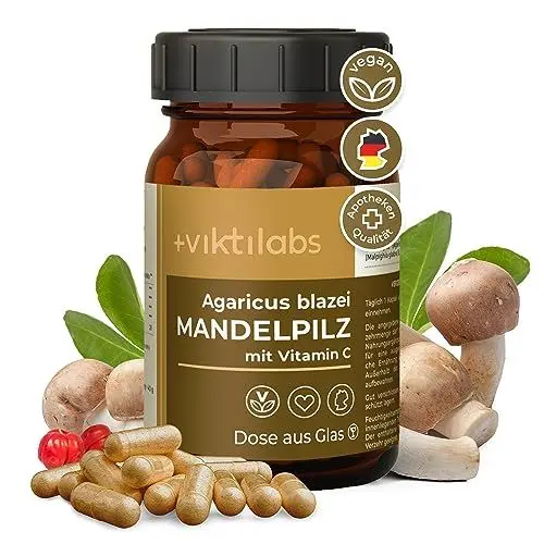 Produktbild: Viktilabs© Mandelpilz - Agaricus blazei - Kapseln hochdosiert - 400mg Mandelpilz Extrakt + 110mg Pulver pro Kapsel | Vitamin C aus Acerola-Kirschen | 2-Monats-Vorrat | Entwickelt in Deutschland