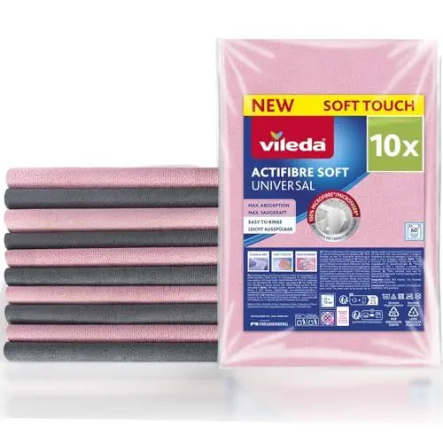 Produktbild: Vileda Actifibre Soft Universal Mikrofasertuch, Reinigungstuch aus 100 Prozent Mikrofaser für streifenfreie Ergebnisse, hohe Saugkraft, ideal für alle glatten Oberflächen, rosa und grau, 10 Stück