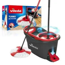 Produktbild: Vileda Turbo Wischmopp Komplett Set, Bodenwischer mit Mikrofaser-Moppkopf, Teleskopstiel (58-123cm), Eimer mit Schleuder und Fußpedal, für alle Böden, nachhaltiges Wischsystem, Eco-Verpackung
