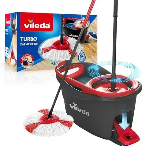 Produktbild: Vileda Turbo Wischmopp Komplett Set, Bodenwischer mit Mikrofaser-Moppkopf, Teleskopstiel (58-123cm), Eimer mit Schleuder und Fußpedal, für alle Böden, nachhaltiges Wischsystem, Eco-Verpackung