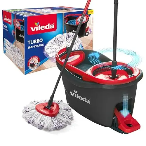 Produktbild: Vileda Turbo 3in1 Komplett Set, Wischmopp mit 3in1 Mikrofaser-Moppkopf, Eimer mit Schleuder, Teleskopstiel: 85 – 123 cm, entfernt 99% der Bakterien, nachhaltiges Wischsystem, Vileda Love it Clean