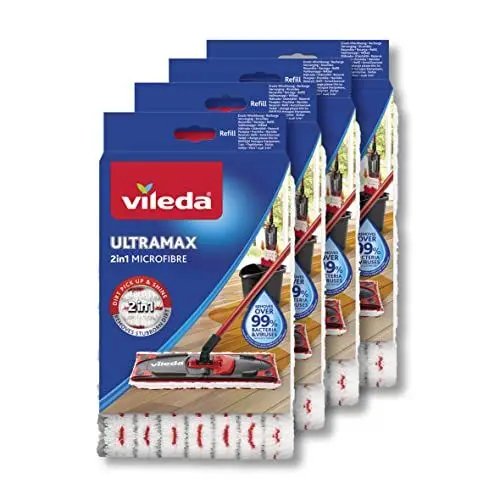 Produktbild: Vileda Ultramax Bodenwischer Ersatzbezüge, Wischmopp Bezug Ultramat_Ultramax aus Mikrofasern, für alle Hartböden, Waschmaschinen geeignet, 4er Sparpack, Eco-Verpackung