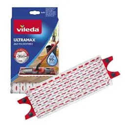Produktbild: Vileda Ultramax Bodenwischer Ersatzbezug, Wischmopp Bezug Ultramat_Ultramax aus Mikrofasern, für alle Hartböden, Waschmaschinen geeignet, 1er Pack, Weiß/Rot