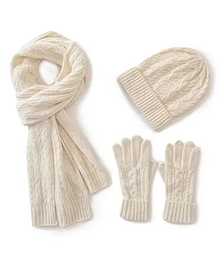 Produktbild: Villand 3 in 1 Damen Wolle Mütze, Schal & Handschuh Winter Sets, 3-teilige Zopfstrickmütze für Damen mit Geschenkbox (Beige)
