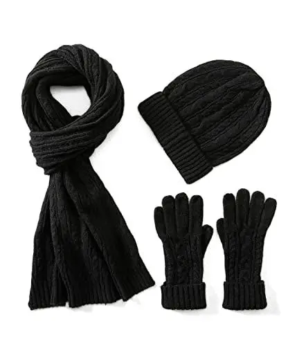 Produktbild: Villand 3 in 1 Damen Wolle Mütze, Schal & Handschuh Winter Sets, 3-teilige Zopfstrickmütze für Damen mit Geschenkbox (Schwarz)