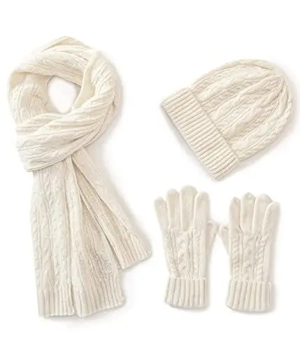 Produktbild: Villand 3 in 1 Damen Wolle Mütze, Schal & Handschuh Winter Sets, 3-teilige Zopfstrickmütze für Damen mit Geschenkbox (Weiß)