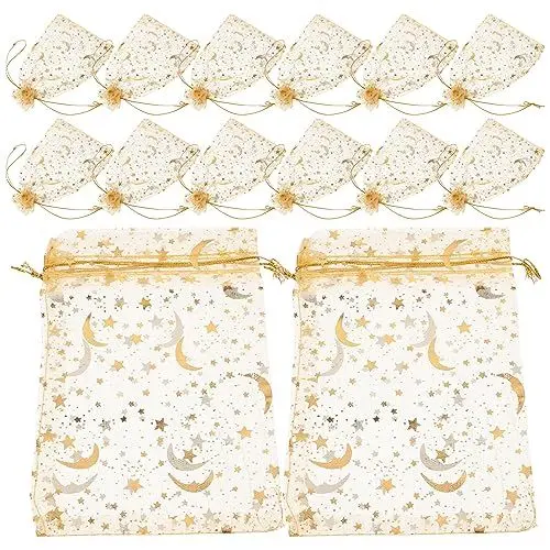 Produktbild: VILLCASE 100 Stück Durchsichtige Organizer-Beutel Mit Kordelzug Mondstern Tüll-Mesh Partybevorzugungs-Geschenktüte Leckereien Süßigkeitentüten Halloween-Partybeutel Für Party Hochzeit