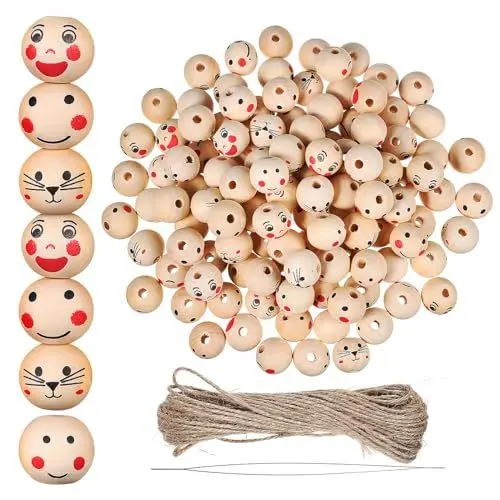 Produktbild: VILLCASE 120 Stück Holzperlen mit Gesicht, 20mm Holzperlen Naturholz, 5 Stile Smile Face Holzkugeln mit Loch, Runde Gesicht Perlen mit Seil und Nadel für DIY Handgefertigte Handwerk