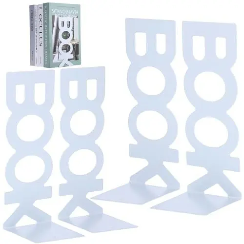 Produktbild: VILLCASE 2 Paar Buchständer Weiß, 20.8X8.5cm Weiß Buchständer Buchstützen mit rutschfeste Bücherstopper, Aushöhlen Buchstützen, Stilvollen Design Buchhalter Regal Bookends für Büro