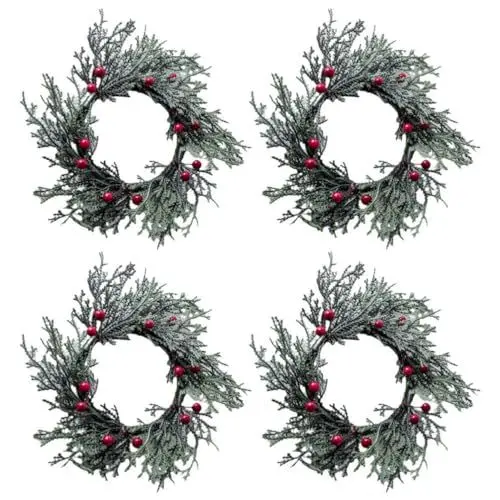 Produktbild: VILLCASE 4 Stück Weihnachts-Adventskranz-Ring-Kerzenhalter Rote Beerenkiefer Künstliche Beeren-Kerzenringe Kleine Kränze Adventskerzenständer Für Weihnachtliche Spitzkerzen-Dekorationen