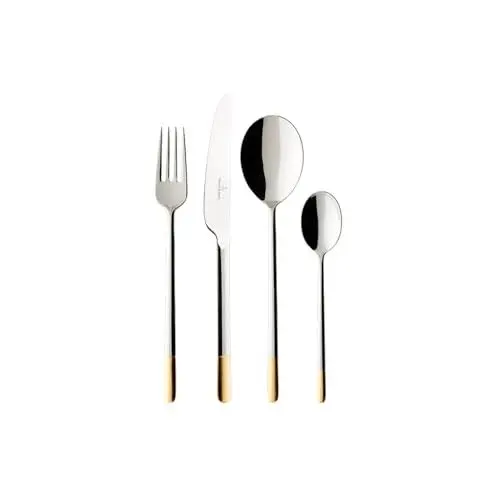 Produktbild: Villeroy & Boch – Ella Teilvergoldet Tafelbesteck Gold 24 Teilig 6 Personen, Spülmaschinenfest, Rostfrei, Besteckset, Besteck Set, Vergoldetes Besteck, Essbesteck, Edelstahl/Blattgold-Applikationen