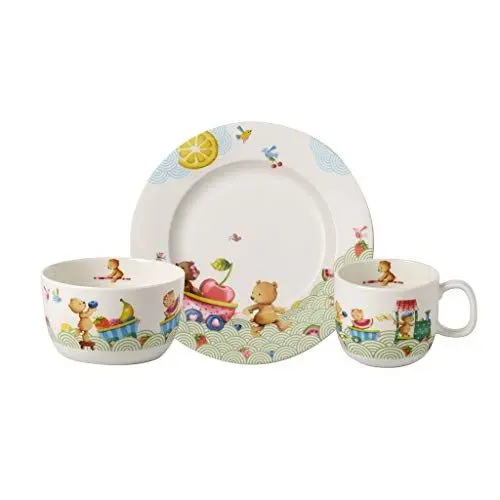 Produktbild: Villeroy & Boch – Hungry As A Bear Kinder-Tafelservice, Geschirrset für Kinder, Becher, Teller, Müslischale aus Premium Porzellan, Kinder-Set | 3-tlg. Weiß/Bunt