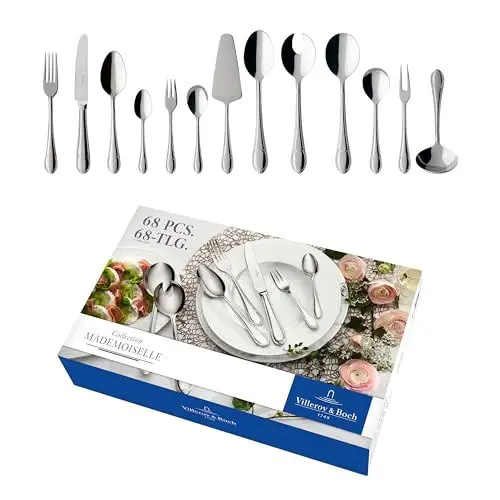 Produktbild: Villeroy & Boch – Mademoiselle Tafelbesteck, Besteckset 68 Teilig, Spülmaschinenfest, Rostfrei, Besteck 12 Personen, Besteckset 12 Personen, Essbesteck Set, Messer, Gabel, Löffel, Edelstahl