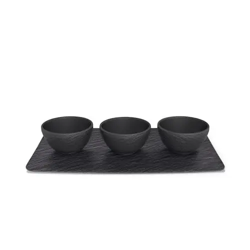 Produktbild: Villeroy & Boch – Manufacture Rock Dipschälchen Set 4 teilig Schwarz Matt, Spülmaschinenfest, Mikrowellensicher, Servierplatte, Schalen, Schälchen, Serviergeschirr Schieferoptik, Premium Porzellan