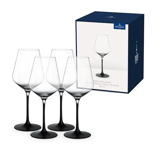 Produktbild: Villeroy & Boch – Manufacture Rock Weißweinglas Set 4 Teilig, Weißweingläser, Weinglas Schwarzer Stiel, Schöne Weingläser Schwarz Durchsichtig, Außergewöhnliche Gläser Wein, Kristallglas