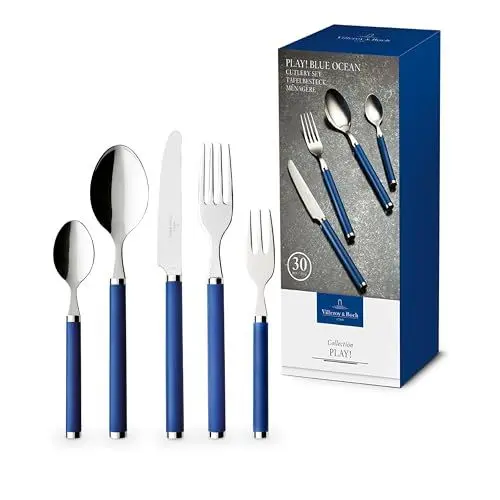 Produktbild: Villeroy & Boch – Play! Blue Ocean Tafelbesteck, Set 30 teilig blau, Spülmaschinenfest, Besteck Bunte Griffe, Besteck Kunststoffgriffe, Besteck Set, Essbesteck, Messer, Gabel, Edelstahl, Kunststoff